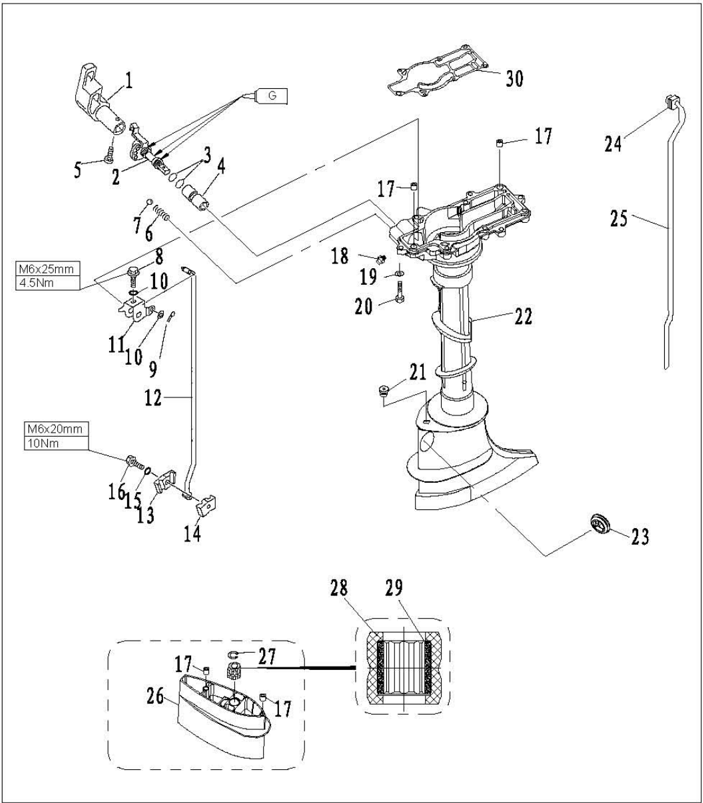 Upper unit casing explosive drawing with shift handle and rods